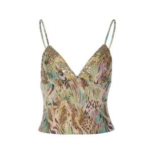 Detail of the leopard print camisole with golden sequins and slim shoulder straps