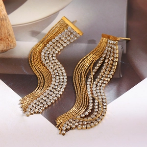 18K gold plated stainless steel tassel earrings with sparkling zircon chain fringe