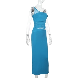 Detail of sky blue one-shoulder dress showing mesh stitching and waist pleats texture