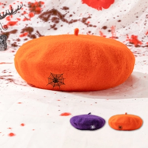 Halloween wool felt berets with spider web embroidery in vibrant orange and purple colors