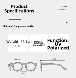 Detailed size chart for kids silicone sunglasses showing frame dimensions and weight