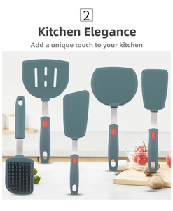 Dark green silicone kitchen utensils set with stainless steel handles and hanging loops