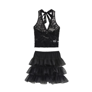 Top Halter In Pizzo Nero E Mini Gonna A Volant In Mesh A Strati Completo Sexy Stile Y2K Da Donna