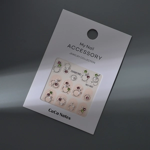 Dettaglio del set nail art MJ-060 con strass e perle su scheda display CoCo Notes