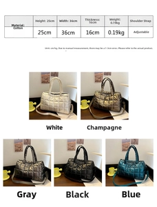 Quilted tote bag size chart and five color variants with adjustable shoulder strap details