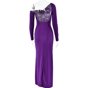 Detail view of purple backless dress with asymmetrical shoulder and slim long sleeves