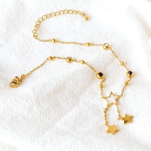 Titanium steel gold anklet with star pendants, shell inlay, and black-white cubic zirconia