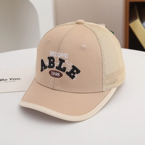 Detail of khaki mesh baseball cap with vintage ABLE letter embroidery and breathable design