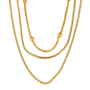 Three-piece gold plated stainless steel necklace set with bead, snake and box chains