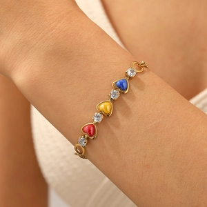 Bracelet Coeur En Acier Inoxydable Émail Coloré Zircone Plaqué Or Chaîne Boîte Bijoux Doux Pour Femmes