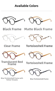 Multiple color options of vintage round frame glasses with stylish wooden texture temples
