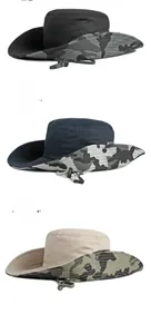 Chapeaux de pêche camouflage en noir marine et kaki avec cordons de serrage ajustables