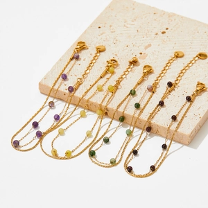 Golden double-layer stainless steel bracelets with colorful natural stone beads