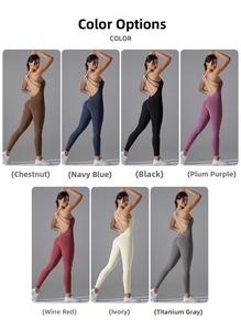 Detail view of backless yoga jumpsuit showing seven color options with crisscross straps