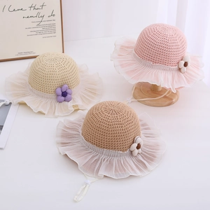 Kids wide brim straw sun hats with floral mesh lace and adjustable windproof straps