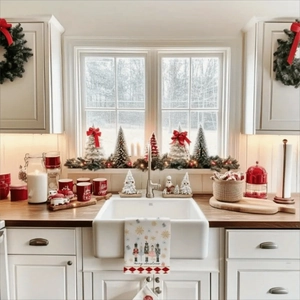 Nutcracker Christmas kitchen towel displayed in a festive holiday scene with red mugs