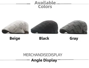Detailed view of cotton plaid berets in beige, black, and grey with metal buckles