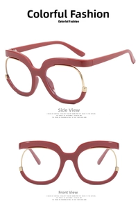 Dettaglio montatura occhiali rotondi oversize in acetato rosa scuro con metallo dorato