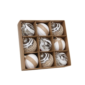 Set of 9 rustic Christmas tree ornaments with lace and linen in a brown gift box