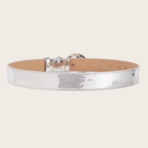 Classic silver metallic belt with textured finish and metal buckle for women denim jeans