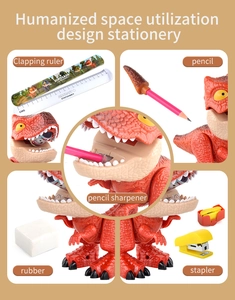 Detailed close-up of 5-in-1 dinosaur stationery set with stapler and pencil