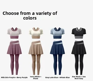 Detailed comparison of four yoga set color combinations including lavender and ivory white