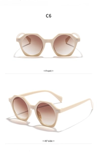 Front and 45-degree side views of cream geometric sunglasses with brown gradient lenses