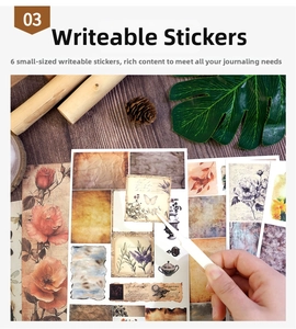 Set of 6 vintage writing stickers with floral and botanical designs for DIY scrapbooking