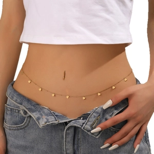 Golden belly chain with heart pendants on a 18k gold plated dainty bead link for women