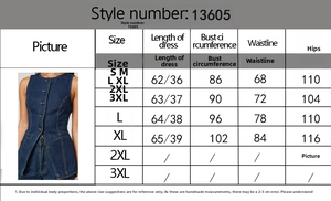 Tabella taglie dettagliata per completo coordinato in denim senza maniche con misure da S a XL