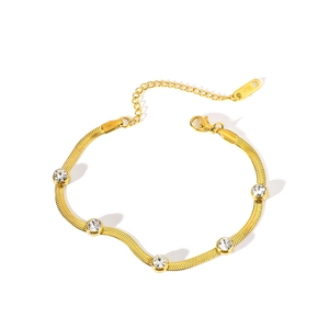 Gold stainless steel snake chain bracelet with five round clear zircon stones and lobster clasp