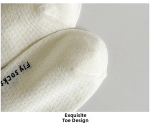 Detailed macro view of the knitted toe area on ivory cotton socks with bow lace trim