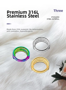Three-layer 316L stainless steel septum nose rings in silver, gold, and multicolor finishes