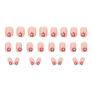 Short square floral press-on nails with transparent jelly pink base and 24pc set