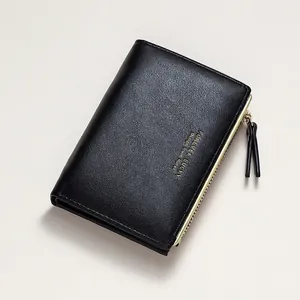 Minimalist black bifold short wallet with lychee grain texture and gold zipper detail