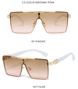 Square metal sunglasses with gold frame and brown-pink gradient lenses shown in two angles