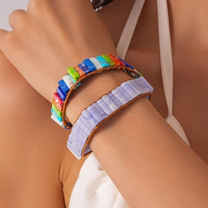 Handmade Woven Bracelet Natural Stone Leather Rope Rectangular Beads Bohemian Ethnic Style Adjustable Wrap Wristband Jewelry For Women