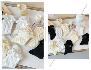Detail of Lolita calf socks featuring delicate lace trim, ribbons, and floral knit patterns