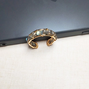 Handmade 14K gold filled labradorite bead open ring with blue-green iridescent sheen