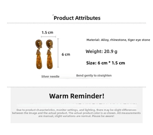 Detailed dimensions of brown drop earrings with rhinestones and tiger eye stones