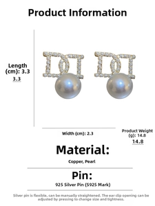 Detailed size parameters of S925 silver needle D-letter pearl earrings 3.3x2.3cm