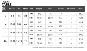 Size guide for elegant off-shoulder evening maxi dress with UK US and EURO measurements