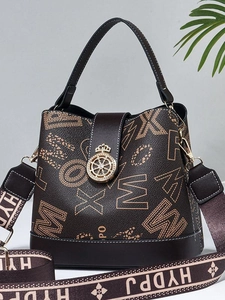 Brown bucket bag with letter print and wide strap made of faux leather for women