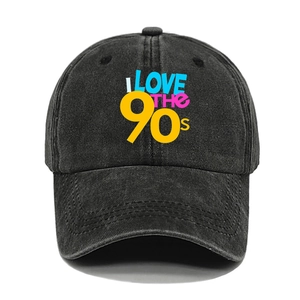 Close-up of I Love The 90s print on vintage washed cotton black baseball cap