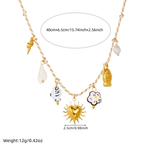 Colorful woven necklace with ceramic flower fish and heart charms on white background