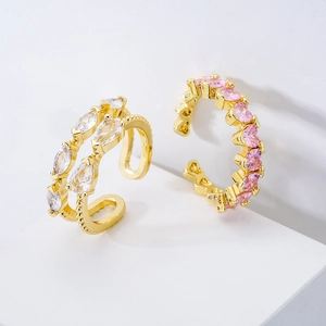 18K Gold Plated Copper Open Rings For Women Geometric Adjustable Ring With Marquise Pink Heart Zircon Elegant Jewelry