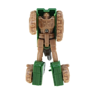 Macro detail of transformable green tank robot toy showing military star and track wheels