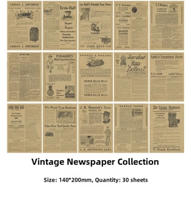 Macro display of 30 vintage newspaper style scrapbooking sheets size 140x200mm