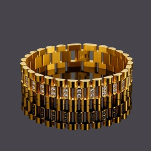 Luxury Men Stainless Steel Bracelet And Ring Jewelry Cubic Zirconia Paved Watch Band President Link Style Hip Hop