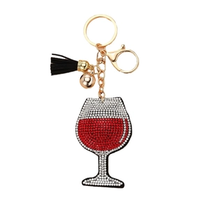 Sparkling rhinestone wine glass keychain with black leather tassel and golden lobster clasp